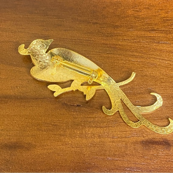 Colorful Bird Parrot Pin Brooch gold metal fancy tail 3 inches - Picture 3 of 4